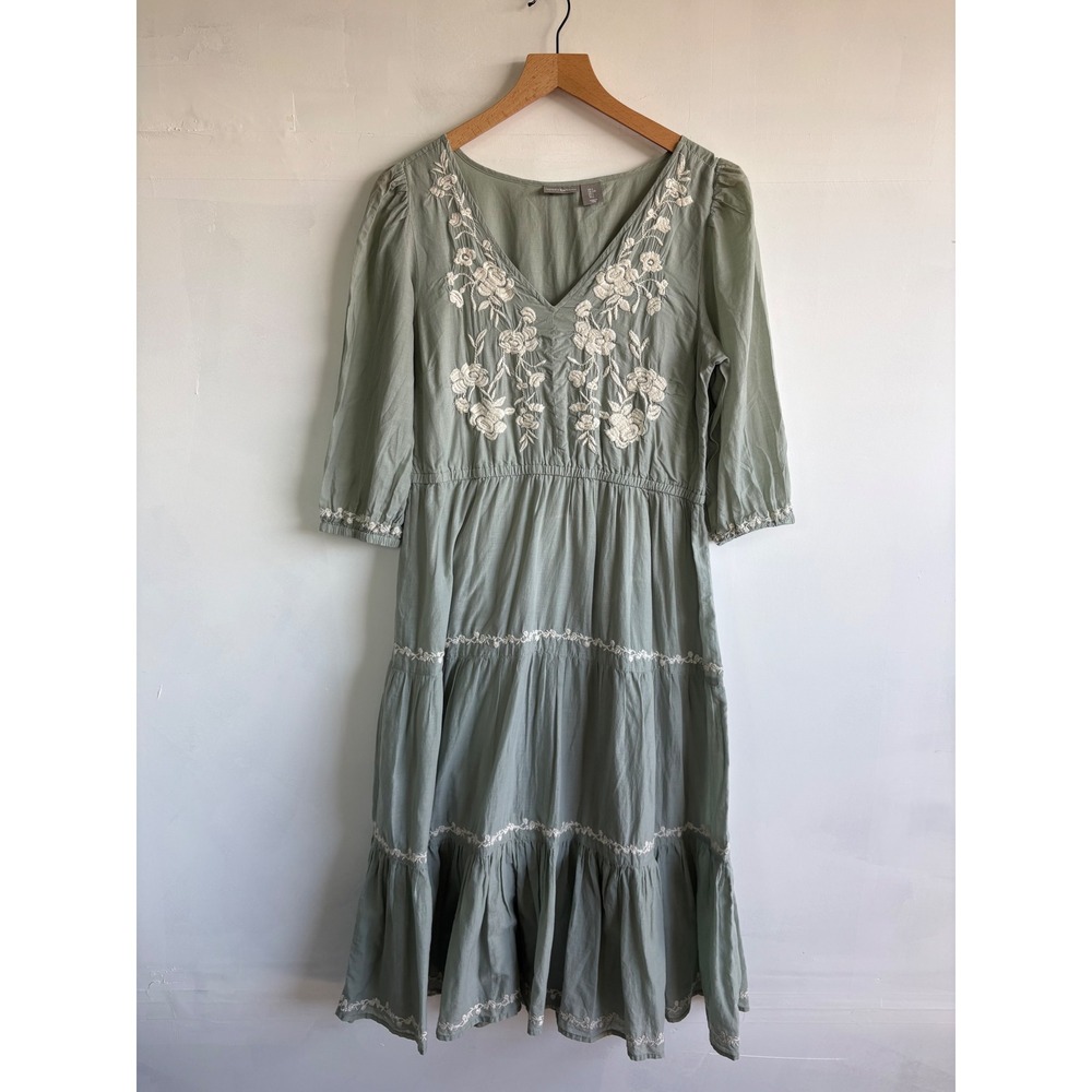 Lucky Brand Sage Green Embroidered Cotton Tiered Midi Dress W L Boho Cottagecore